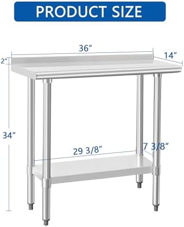 HARDURA Stainless Steel Commercial Work Table 14×36 Inches 2" Backsplash - Image 2