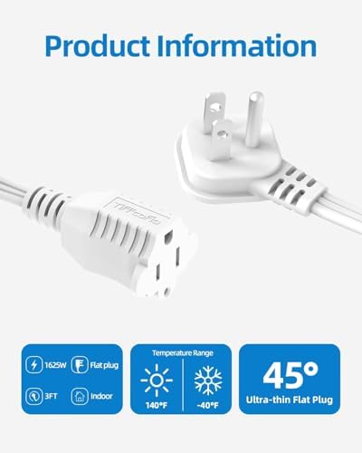 TiFFCOFiO Flat Plug Indoor Extension Cord, 3 Prong Extension Cord, 1 Grounded Outlet for Home, Office and Travel, 16AWG 13A/1625W, ETL Listed (20 FT) - Image 6