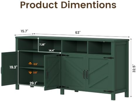 knoworld Buffet Sideboard with Storage Farmhouse, Large Kitchen Storage Cabinet Wood Coffee Bar Cabinet Buffet for Kitchen, Living Room, 63in, Green - Image 2