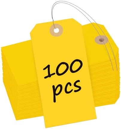 Uniclife 100 Pcs Yellow Blank Shipping Tags with Wire Attached 4.7 Inch Paper Tags Hang Tag with Reinforced Eyelet Large Marking Label Writable Price Inventory Label Tag, 4.7" x 2 3/8" by UnicLife