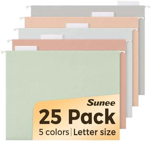 SUNEE 25 Count Hanging File Folders, Pastel Colors, Hanging File Folders Letter Size, Hanging Folders with 1/5-cut Tabs, Designed for Bulky Files, Filing Cabinets, Medical Charts by SUNEE
