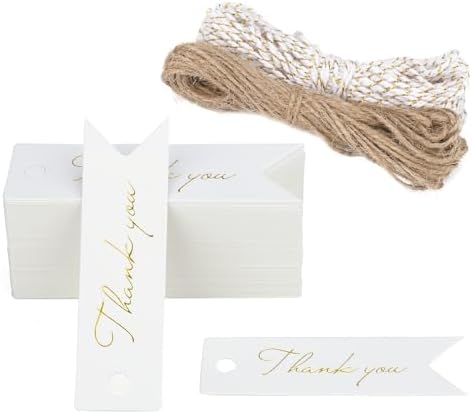 G2PLUS High-end Metallic Gold Thank You Tags, 100PCS 2.8'' x 0.8'' Gift Tags with String for Arts and Crafts,Gift Wrapping (White) by G2PLUS