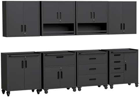 Black Garage Storage Cabinets System 8PCS Workshop Set with Drawers Locking Heavy Duty Rolling Cart with Adjustable Shelves Garage Tool Workbench Cabinets,8pcs-2 by FLIXELIO