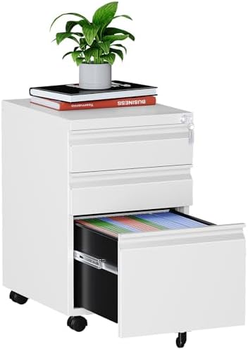 MIIIKO 3 Drawer File Cabinet on Wheels, Home Office Mobile File Drawers Under Desk, Full Assembled White Filing Cabinets with Lock for Legal/Letter/A4 File Folders by MIIIKOOfficeFurniture