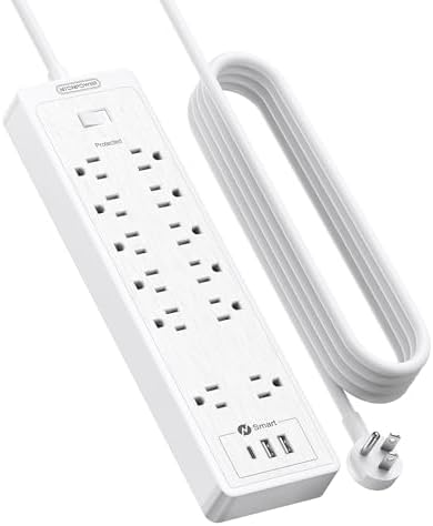 15 ft Extension Cord Flat Plug Power Strip, NTONPOWER 2100 Joules with 12 Outlet 3 USB Port, 1875W/15A, Overload Protection, Long Cord Wall Mountable for Home Office Accessories, White by NTONPOWER