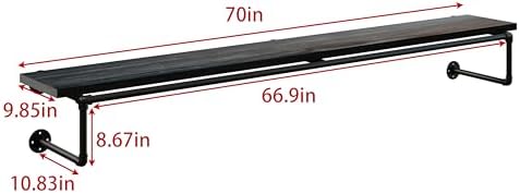 Clothes Rack 70in, Wall Mounted Garment Racks with Real Black Wood Shelf, Heavy Duty Hanging Clothes Rack, Multi-Purpose Hanging Rod, Space-Saving Closet Storage - Image 4