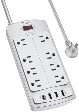 Surge Protector Power Strip - Nuetsa Flat Plug Extension Cord with 8 Outlets and 4 USB Ports, 6 Feet Power Cord, 2700 Joules, ETL Listed, Grey by Nuetsa