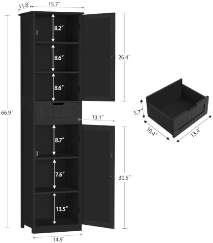 TEENFON 66.9" H Tall Storage Cabinet with 2 Doors and 1 Drawer, Narrow Black Cabinet with Adjustable Shelves, for Bathroom, Living Room, Entryway, Kitchen, Black - Image 3