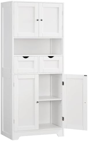 Iwell Tall Storage Cabinet with Adjustable Shelf & 2 Drawers, Kitchen Pantry Cabinet, Pantry Cabinets with 4 Doors, Tall Cabinets for Living Room, Kitchen, Bathroom, White by IWELL