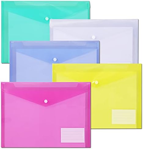 10 Pack Plastic Envelopes for Documents, Clear Folders with Label Pockets, 5 Colors 2 Each, Clear Poly File Folders Letter Size/A4, Hook and Loop Closure,Document Envelopes for School Office Home by AOGELI