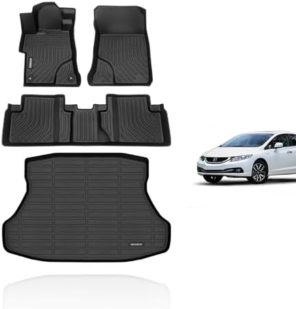 KELCSEECS All Weather Floor Mats & Cargo Liner Set for 2015 2014 2013 2012 Honda Civic & Civic Si Only Sedan (Not Coupe) Car Mats Cargo Mat Floor Liners Trunk Mat Honda Civic Trunk Liner by KELCSEECS