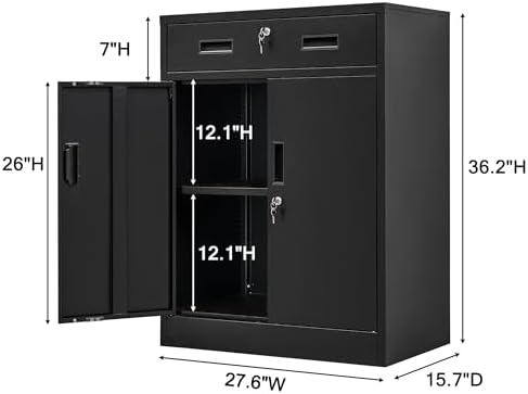 Wanfu Metal Storage Cabinet, 36" H x 28" W x 16" D Locking Cabinet with 1 Drawer and Adjustable Shelf, Metal Cabinets for Office, Garage, Home-Black - Image 3