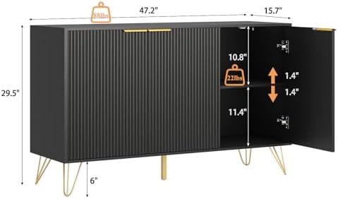 Storage Cabinet with 3 Fluted Doors and Adjustable Shelves, Black丨Modern Wood Accent Table, Sideboard Buffet Cabinet, Console Table for Living Room, Hallway, Entryway - Image 3