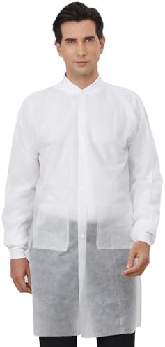 Greenour Disposable Lab Coats 10-Pack White 3 Pockets Knitted Cuffs S-2XL - Image 2