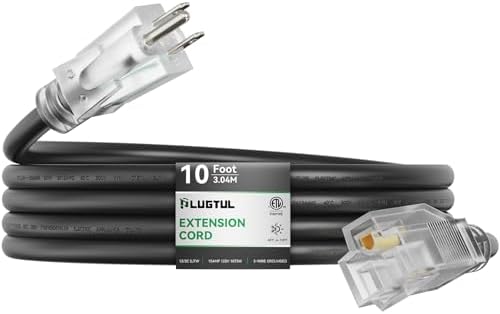 PLUGTUL Outdoor Extension Cord 10FT | 12 Gauge Extension Cord with Lighted End, Heavy Duty,15A 1875W SJTW, ETL Listed, Great for Garden and Home, Black by PLUGTUL