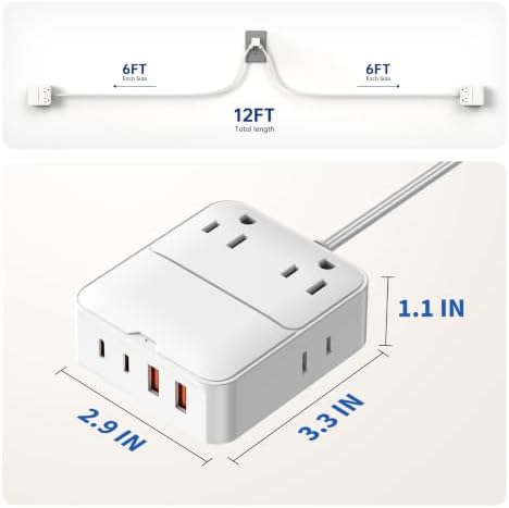 Split Extension Cord 12FT(6FT Per Side) - Single 4 AC & 4 USB Ports - Image 6