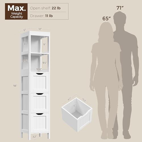 Yaheetech 56" Tall Narrow Bathroom Storage Cabinet with 3 Drawers, White - Image 3