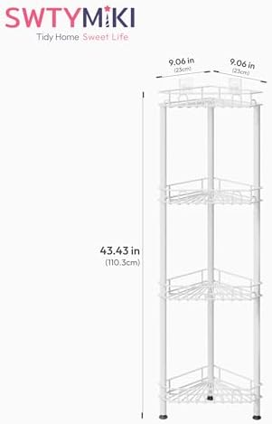 SWTYMIKI Standing Shower Caddy Corner - 4‑Tier Stainless Steel Shower Organizer Shelf with 16 Hooks and Adhesive Pads, Rustproof Corner Shelves Stand Rack for Bathroom Shower Room, white - Image 7