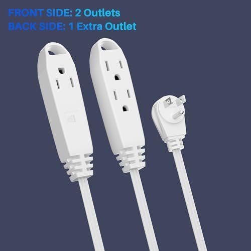 3-Outlet Flat Extension Cord 20 FT, 3 Prong Angled Plug, SPT-3, Power Strip - Image 3