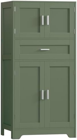 TEENFON Bathroom Floor Storage Cabinet with Adjustable Shelf, Freestanding Storage Cabinet with 4 Doors, Cupboard for Living Room, Home Office, Entryway, Forest Green by TEENFON