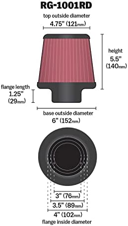 K&N High-Flow Original Lifetime Universal Clamp-On Air Filter: High Performance, Premium: Flange Diameter: 4 In, Filter Height: 5.5 In, Flange Length: 1.125 In, Shape: Round Tapered, RG-1001RD - Image 2