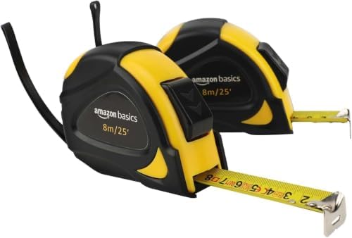 Amazon Basics Self-Locking Tape Measure, 25ft (8-Meters), Accurate Dual Scale inch/Metric, MID Accuracy, Extendable, Yellow, 2 Count (Pack of 12) by AmazonBasics