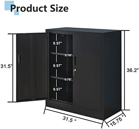 Wanfu Metal Storage Cabinet, 36" H Locking Storage Cabinet with 2 Adjustable Shelves, Metal Cabinets for Garage, Home, Office, Utility Room-Black - Image 3