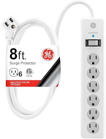 GE Surge Protector Power Strip, 8 Ft Extension Cord, 6 Outlet Extender, 800 Joules, Flat Plug, Twist-to-Close Safety Covers, ETL Listed, White, 67044 by Unknown