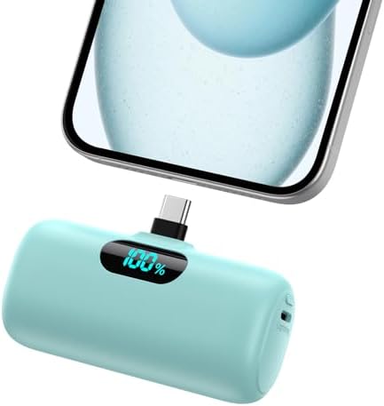 Mini Portable Charger USB C Power Bank,5000mAh PD Fast Charging Battery Pack Built-in USB-C Connector Travel Essential for iPhone17/Pro/17Pro Max/16e/Air/16 Plus/16Pro Max/15 All Series,Android Green by HETP