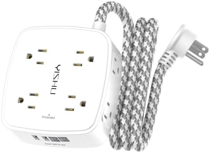 Surge Protector Power Strip - YISHU 8 Outlets with 4 USB (2 USB C) Charging Ports, 5Ft Braided Extension Cord, Flat Plug Multi Plug Outlet Extender Charging Station for Home Office, ETL, White by YISHU