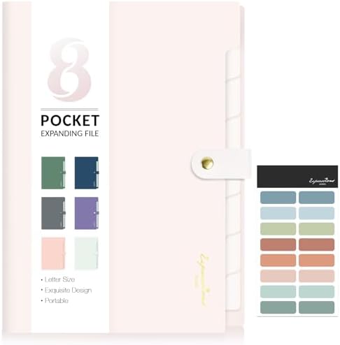 Sooez Elegant Accordion File Organizer with Labels, 8 Pocket Expanding File Folder, Portable Folders for Documents, Cute Paper Organizer for School Office Supplies, Letter Size, Off White by Sooez