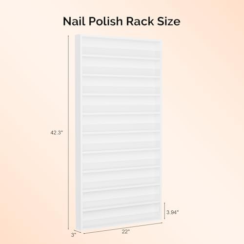 OmySalon Nail Polish Organizer Wall Mount - Holds 200 Bottles with Acrylic Barrier, Salon Display Rack for Home Spa & Nail Studio - Assembly Required, Wooden Polish Storage (White, 10-Tier) - Image 2