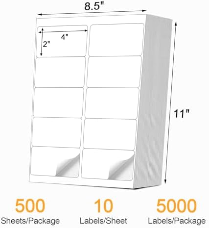 [500 Sheets 5000 Pcs] 10-UP 2''x4'' Shipping Labels for Laser & Inkjet Printers, 2" x 4" Mailing Stickers, 10 Pcs Per Page Shipping Labels,8.5"×11" White 500 Sheets for Printer - Image 2