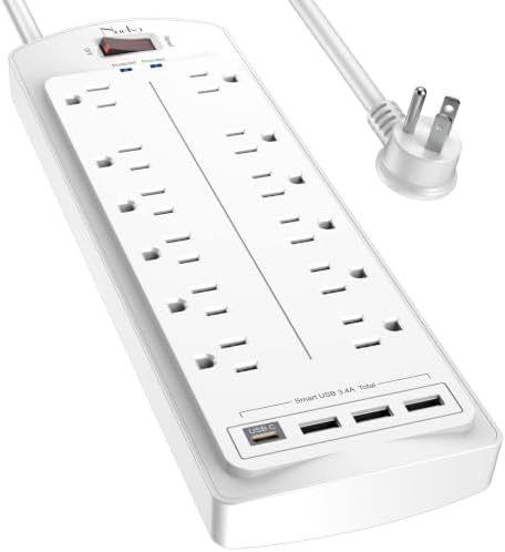 Surge Protector Power Strip, Nuetsa 6Ft Flat Plug Extension Cord with12 Outlets and 4 USB Ports for Home, Office, Dorm Essentials, 2700 Joules, ETL Listed, White by Nuetsa
