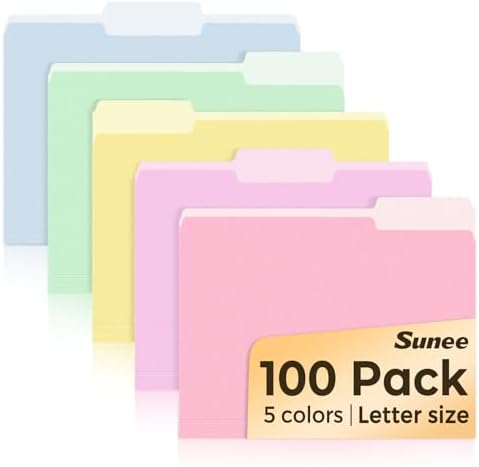 SUNEE File Folders, 100 Pack Manila File Folders 1/3 Cut Letter Size, Colored Folders,Office Organization,Folders for School,Files Paper Home and Classroom,5 Bright Color by SUNEE