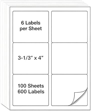 3-1/3" x 4" Shipping Address Labels 600 Label Stickers Paper for Laser/Inkjet Printer 6 per Page Printable Mailing Labels, FBA Box Labels - Matte, 100 Sheets by Unknown