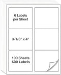 3-1/3" x 4" Shipping Address Labels 600 Label Stickers Paper for Laser/Inkjet Printer 6 per Page Printable Mailing Labels, FBA Box Labels - Matte, 100 Sheets by Unknown