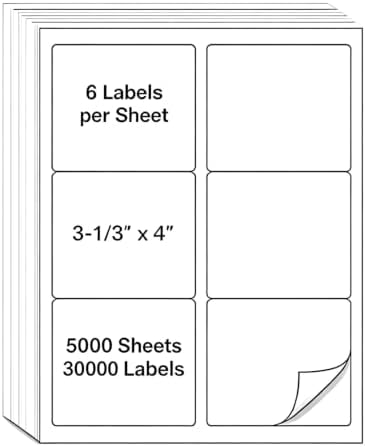 MPRT 5000 Sheets 3-1/3" x 4" Shipping Address Labels Printable Label Stickers Paper for Laser/Inkjet Printer 6 per Page Mailing Labels, FBA Box Labels - Matte, 30000 Labels by Unknown