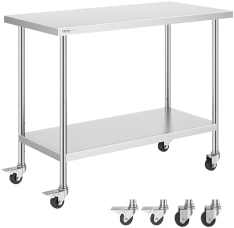 VEVOR Stainless Steel Work Table 24 x 48 x 38 Inch, with 4 Wheels, 3 Adjustable Height Levels, Heavy Duty Food Prep Worktable for Commercial Kitchen Restaurant, Silver by VEVOR