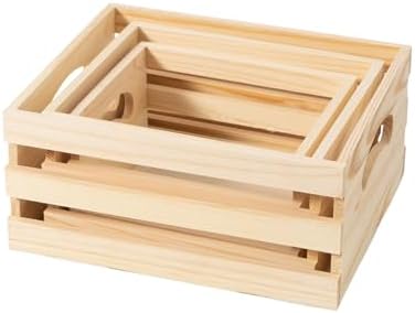 Set of 3 Rustic Wooden Nesting Crates with Handles, Decorative Wood Crates, Crate Box Wooden Storage Box for Kitchen, Office, Bedroom, Closet, Rustic Country Decor(Large Size 13.4x9.8x6.7 in) by Xhqsulsclac
