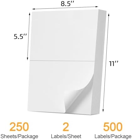 (500 Labels/250 Sheets) Labelebal Half Sheet Labels, Shipping Labels 2 Per Sheet for Laser & Inkjet Printers, 8.5" x 5.5" Address Labels, Totally 500 Pcs Half Sheet Shipping Labels - Image 2