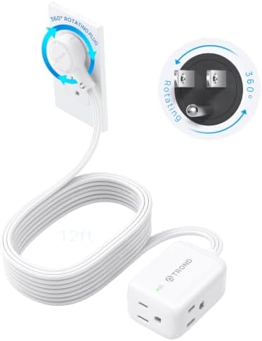 TROND 360 Rotating Flat Plug Extension Surge Protector 12 ft, 3 AC, White by TRONDOfficial
