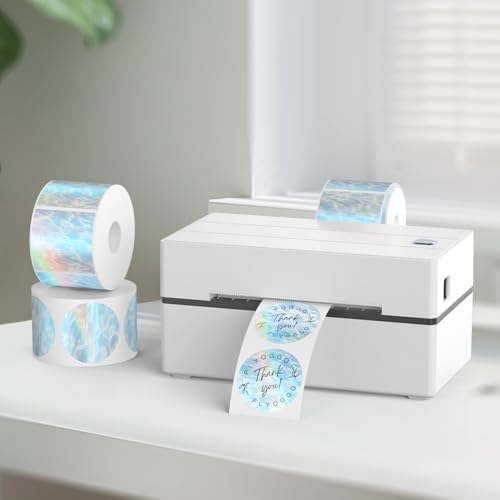 2-Inch Round Holographic Thermal Sticker Labels, with Rainbow Wave and Glitter Deign, for Every Tags, Custom DIY Logo Deign, Waterproof and Tear-Resistant, No Residue Removable, Ocean Light Blue - Image 2
