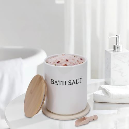 64oz Airtight Ceramic Bath Salt Jar Set - with Wooden Lid, Scoop & Anti-Slip Mat, Opaque Bathroom Storage Organization for Epsom Salt, Spa & Bath Bombs, White-M - Image 7