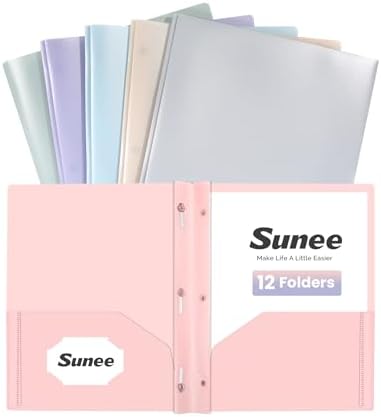 SUNEE 2 Pocket Folders with Prongs (12 Pack, Pastel Colors) Plastic Folders with Pockets and Prongs Fit Letter Size, Poly Folders with Pockets for School Office Home Business by SUNEE