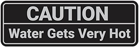 Standard Caution Water Gets Very Hot Sign (Black/Silver) - Small 2 Pack by SignsByLITA