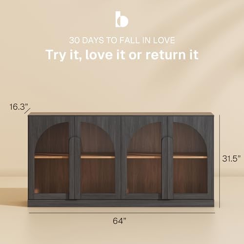 BELLEZE Bijou 64" Arched Glass Door Sideboard, Accent Buffet Cabinet with Storage and Adjustable Shelves, Classic Modern Large Console Table for Dining Room Living Room Entryway - Ebony - Image 2