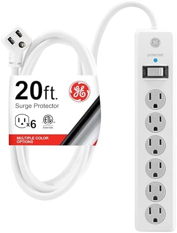 GE Surge Protector Power Strip,20 Ft Extension Cord,6 Outlet Extender,800 Joules,Flat Plug,Twist-to-Close Safety Covers,ETL Listed,White,50770 (Pack of 8) by Unknown