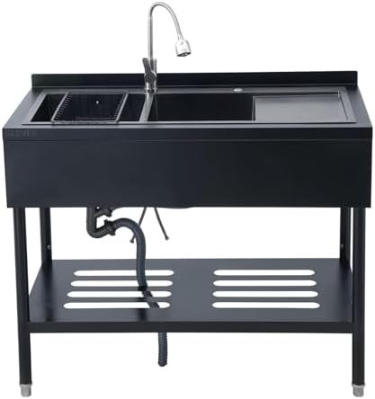 GarveeTech 47.2" Stainless Steel Commercial Utility Sink with Double Bowls & Drainboard, Freestanding Laundry Wash Station with Hot/Cold Faucet, Shelf & Drain Kit for Garage Outdoor Kitchen by GarveeTech