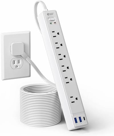 10Ft Flat Extension Cord with Multiple Outlets, Surge Protector Power Strip by SUPERDANNY